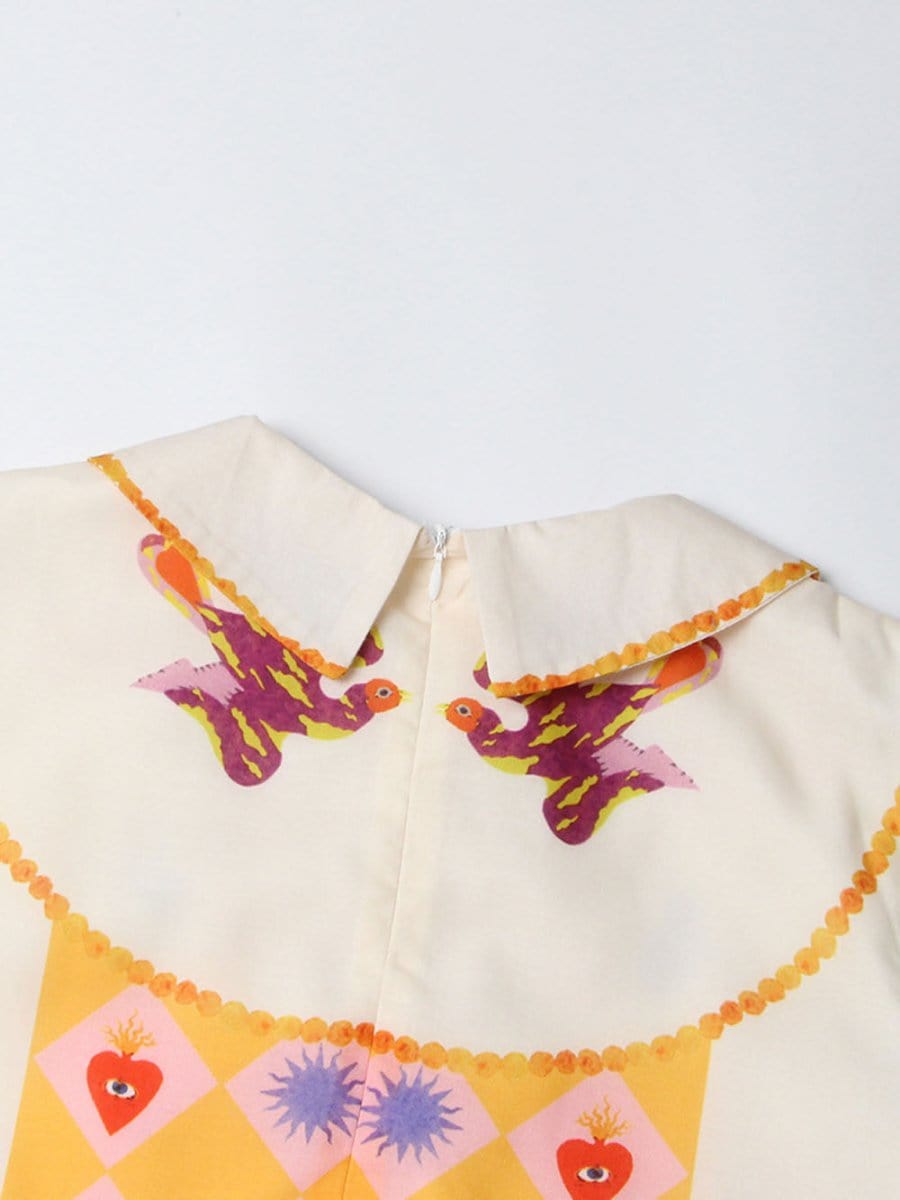 Multi Bishop Sleeve Button Front Mixed Print Patchwork Midi Shirt Dress