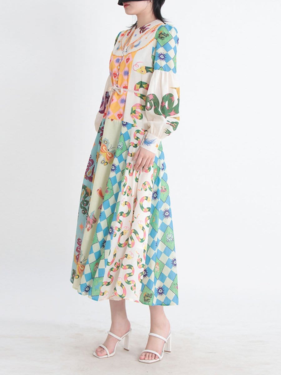 Multi Bishop Sleeve Button Front Mixed Print Patchwork Midi Shirt Dress