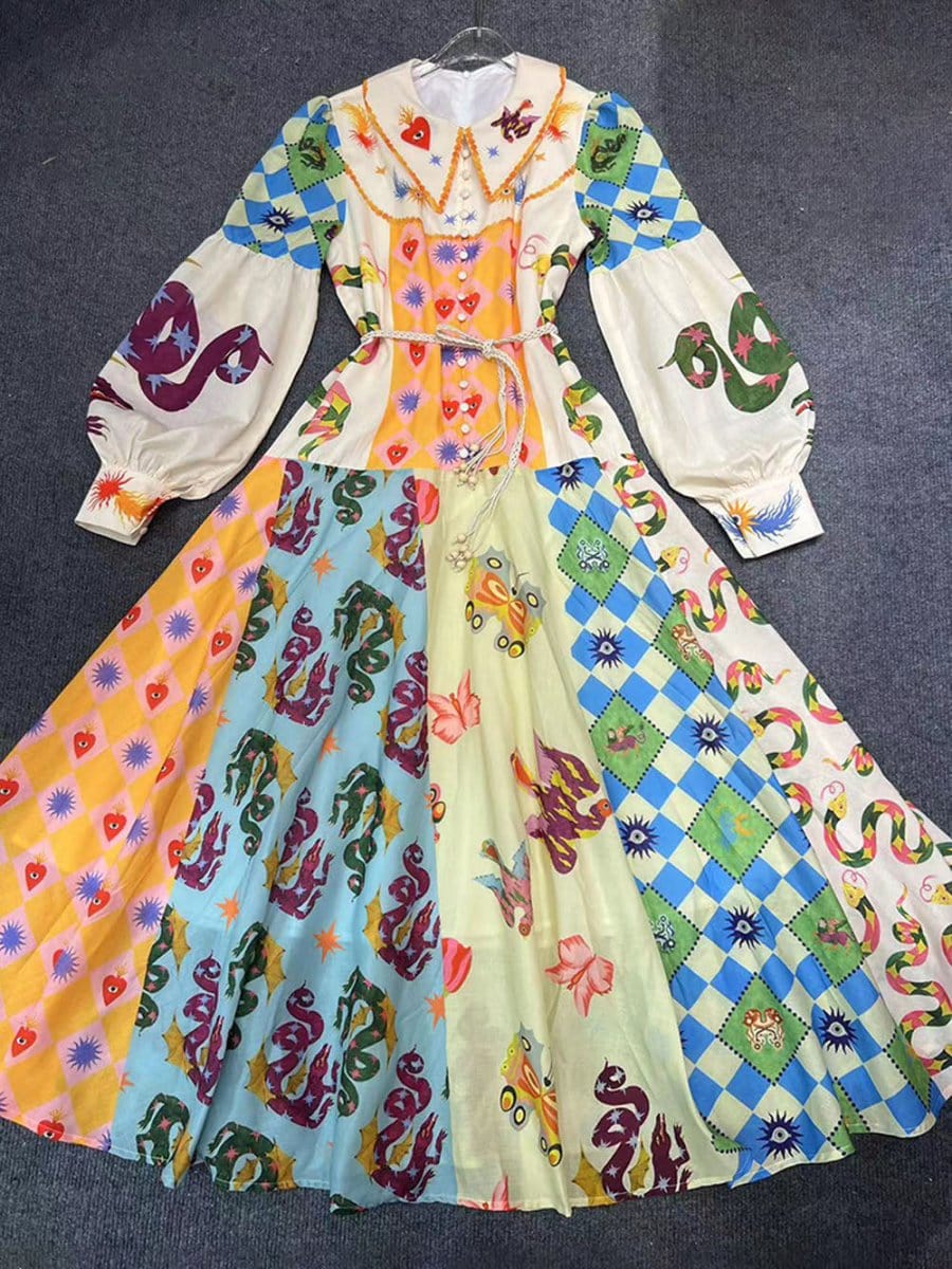 Multi Bishop Sleeve Button Front Mixed Print Patchwork Midi Shirt Dress