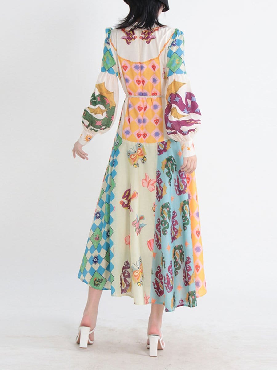 Multi Bishop Sleeve Button Front Mixed Print Patchwork Midi Shirt Dress