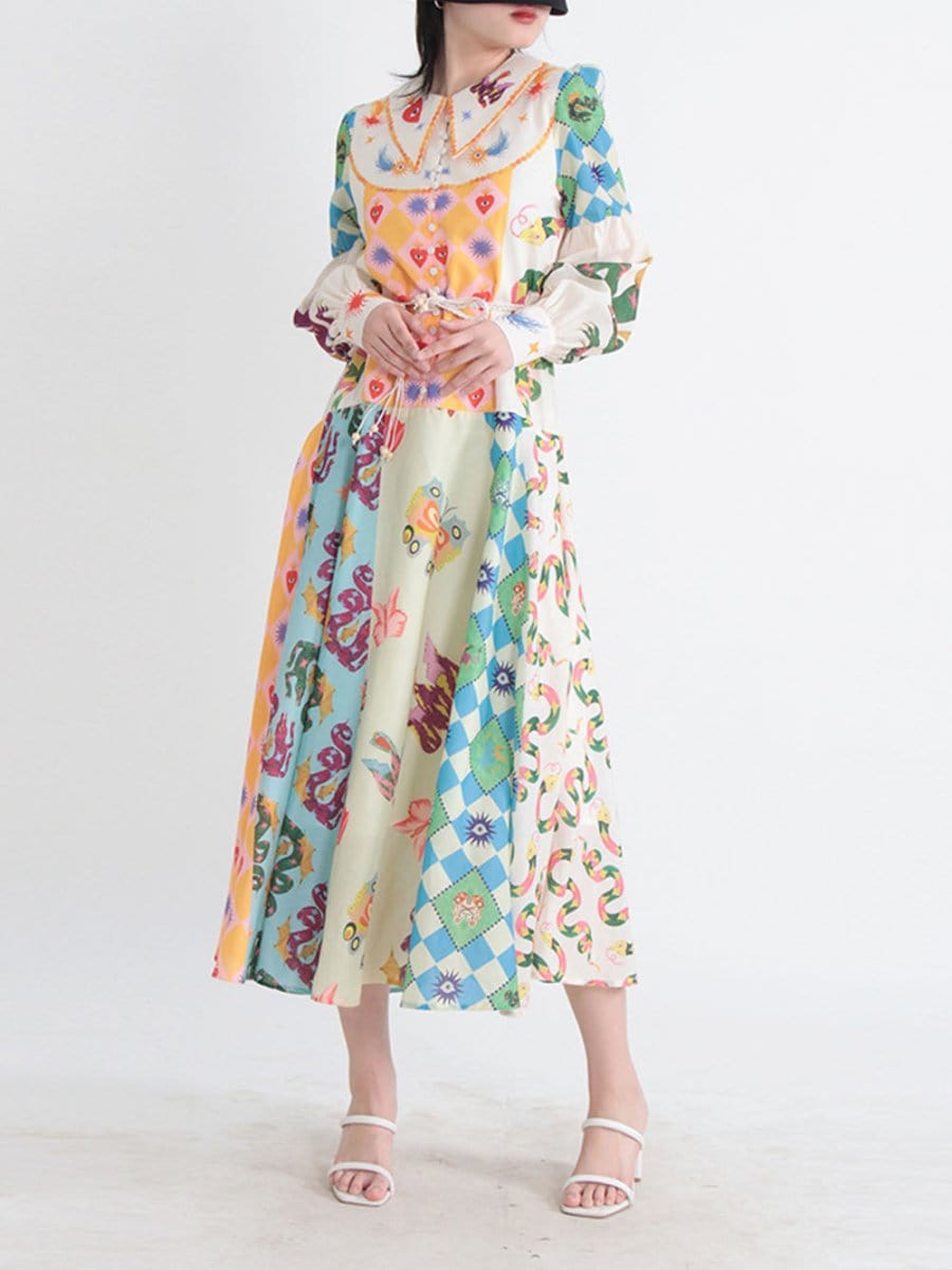 Multi Bishop Sleeve Button Front Mixed Print Patchwork Midi Shirt Dress
