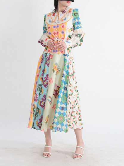 Multi Bishop Sleeve Button Front Mixed Print Patchwork Midi Shirt Dress