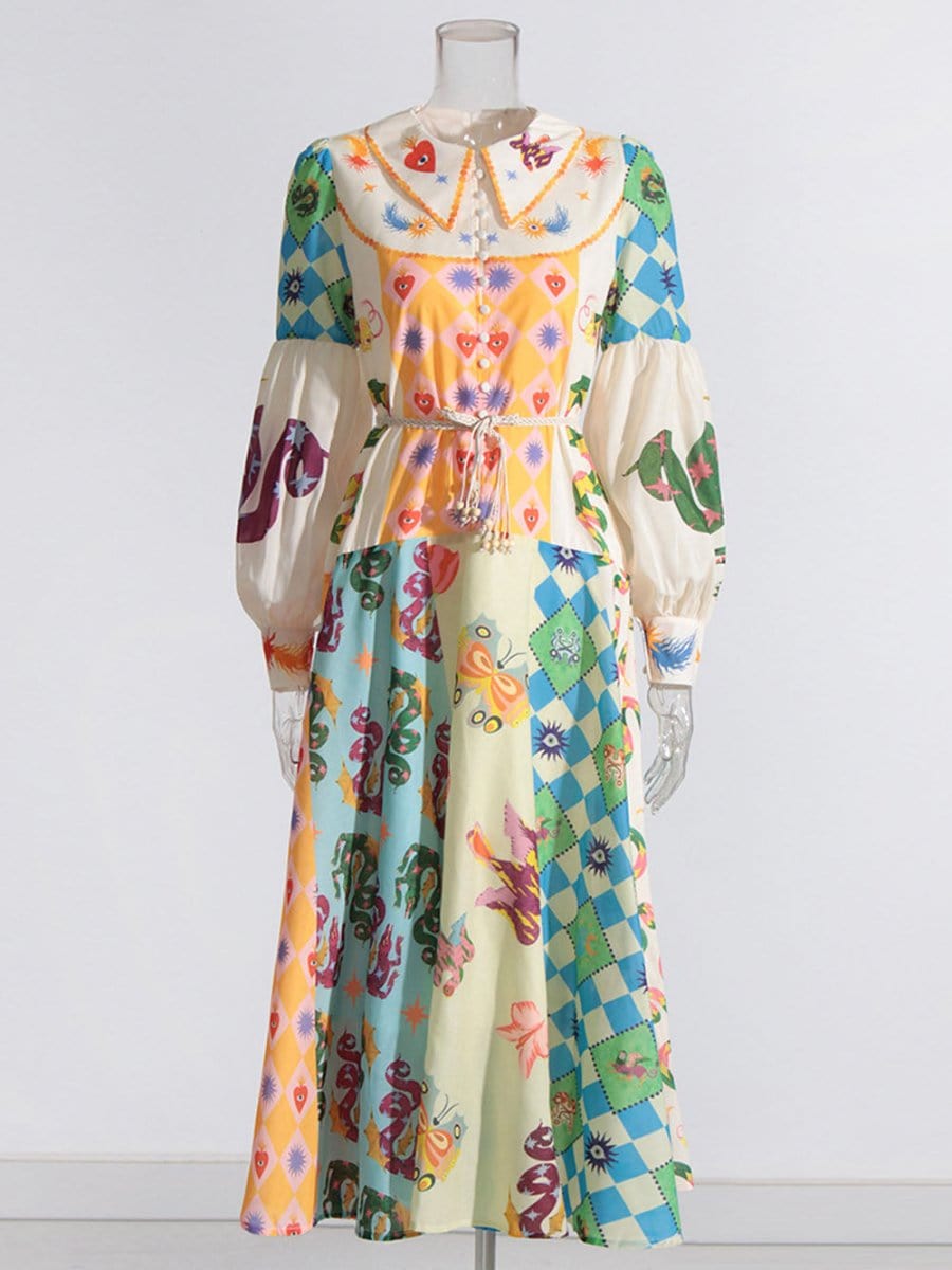 Multi Bishop Sleeve Button Front Mixed Print Patchwork Midi Shirt Dress