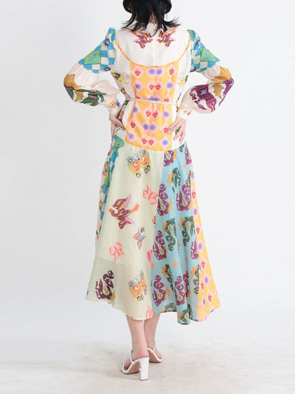 Multi Bishop Sleeve Button Front Mixed Print Patchwork Midi Shirt Dress