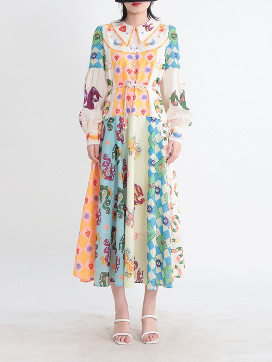Multi Bishop Sleeve Button Front Mixed Print Patchwork Midi Shirt Dress