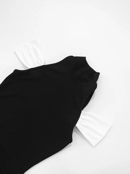 Black Mock Neck Cold Shoulder Ruched Side Panel Bodycon Mini Dress
