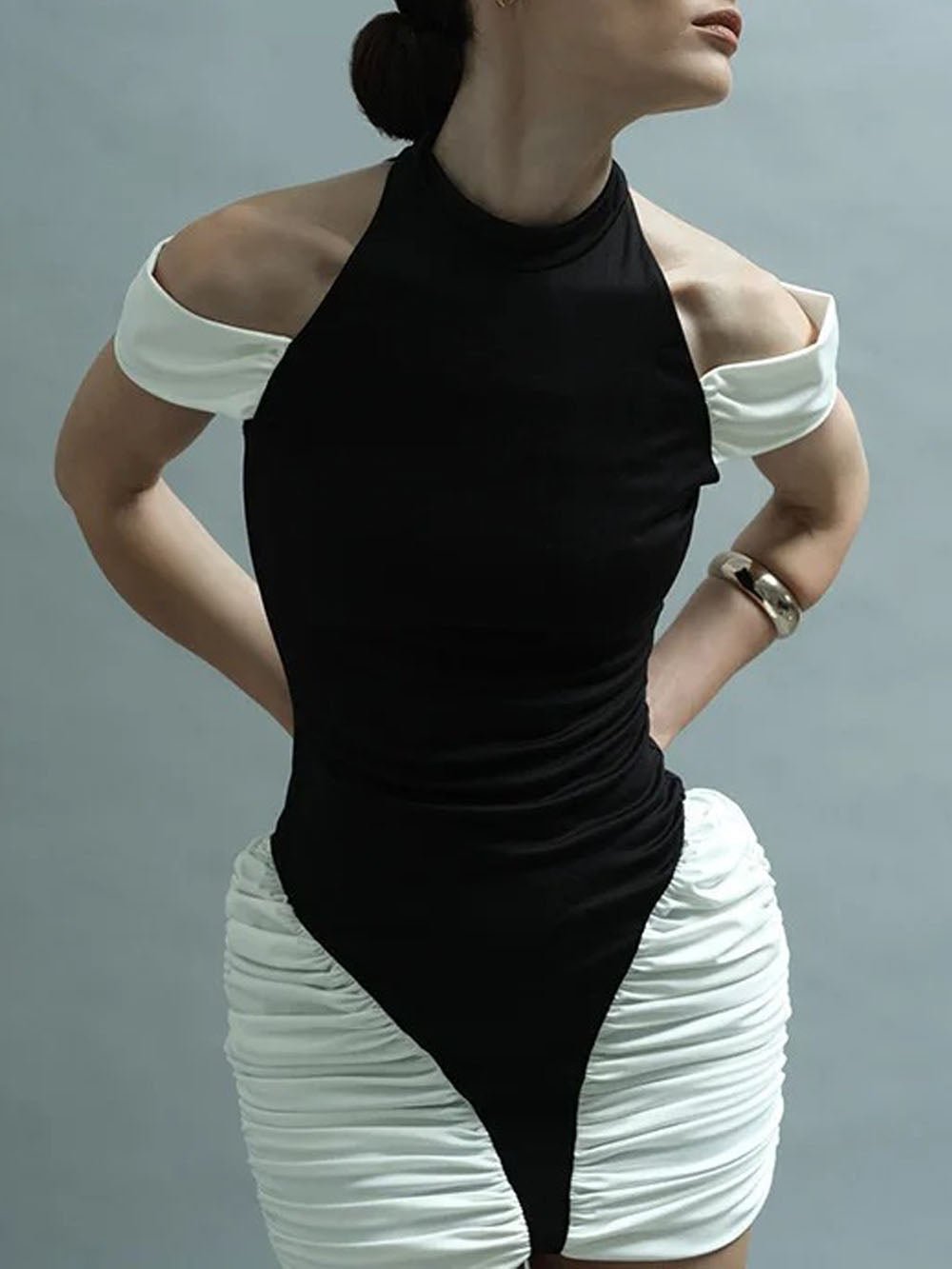 Black Mock Neck Cold Shoulder Ruched Side Panel Bodycon Mini Dress