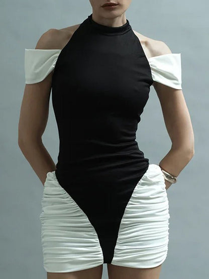 Black Mock Neck Cold Shoulder Ruched Side Panel Bodycon Mini Dress