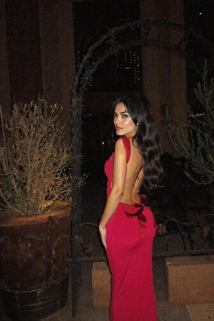 Classic Black Wide Strap Backless Bow Back Bodycon Maxi Dress
