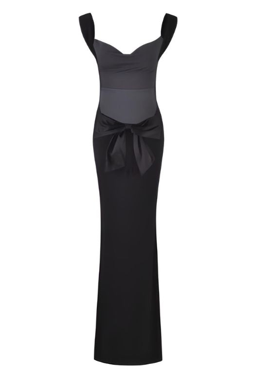 Classic Black Wide Strap Backless Bow Back Bodycon Maxi Dress
