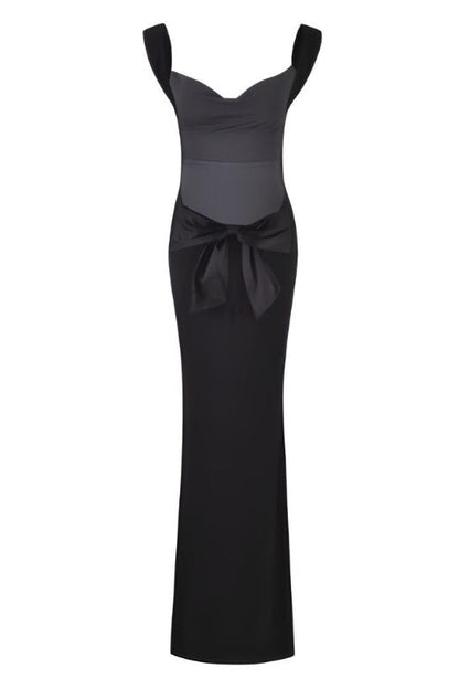Classic Black Wide Strap Backless Bow Back Bodycon Maxi Dress