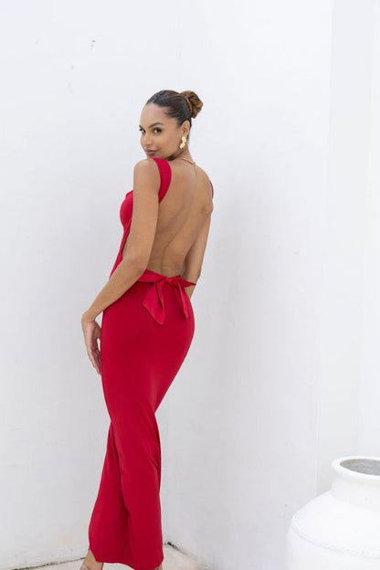 Lipstick Red Wide Strap Backless Bow Back Bodycon Maxi Dress
