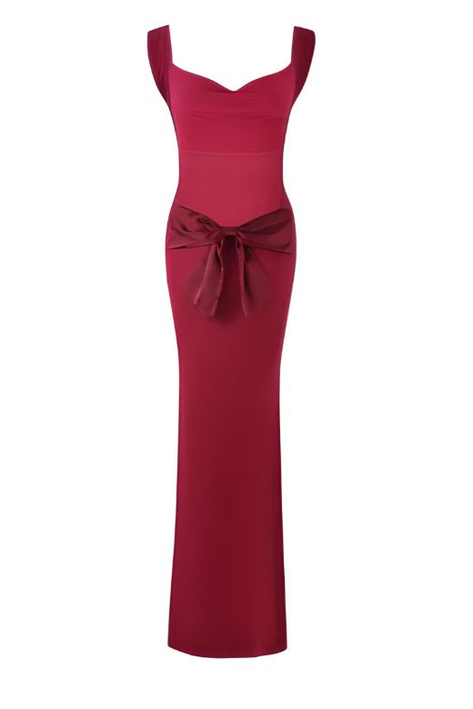 Lipstick Red Wide Strap Backless Bow Back Bodycon Maxi Dress