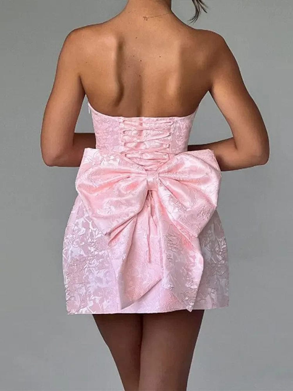 Jacquard Brocade Strapless Bow Back Fit and Flare Mini Dress