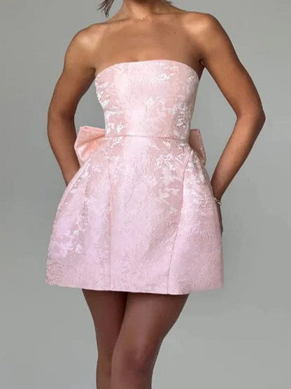 Jacquard Brocade Strapless Bow Back Fit and Flare Mini Dress