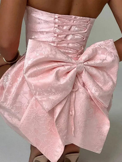 Jacquard Brocade Strapless Bow Back Fit and Flare Mini Dress