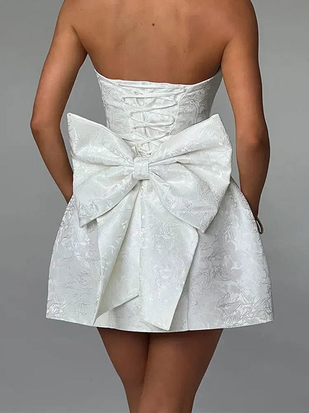 Jacquard Brocade Strapless Bow Back Fit and Flare Mini Dress
