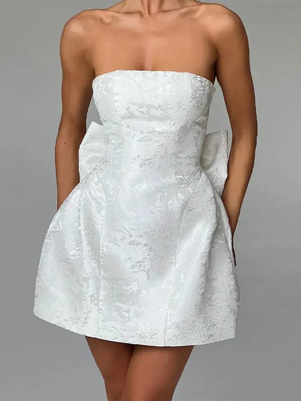 Jacquard Brocade Strapless Bow Back Fit and Flare Mini Dress