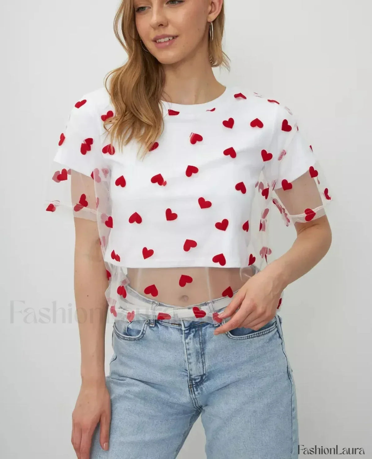 Heart Mesh Patchwork Cotton T-Shirt