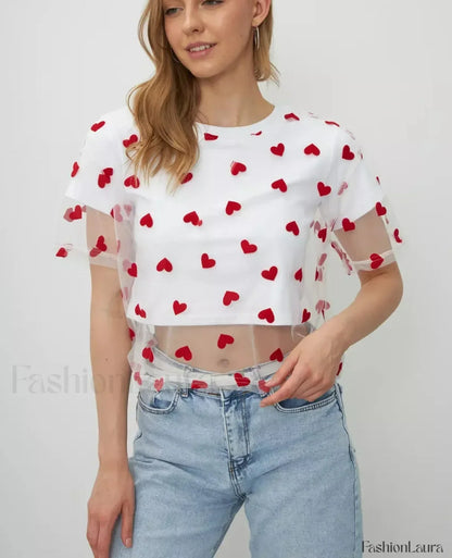 Heart Mesh Patchwork Cotton T-Shirt