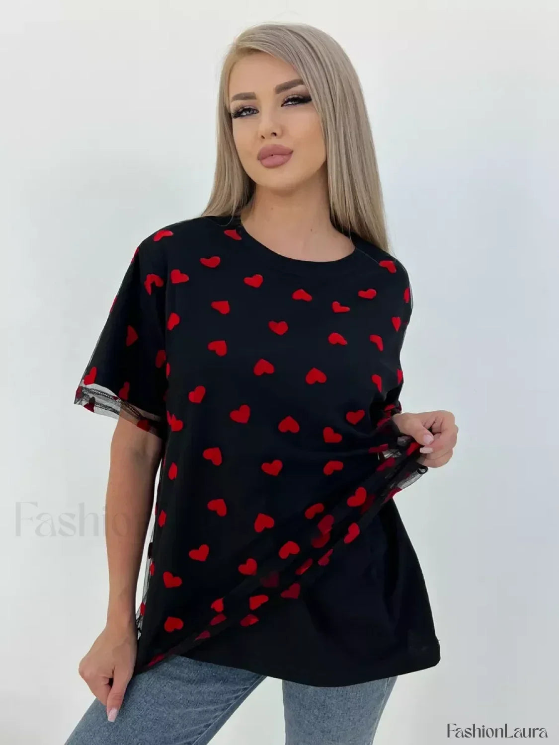 Heart Mesh Patchwork Cotton T-Shirt