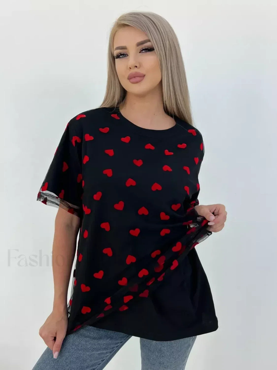 Heart Mesh Patchwork Cotton T-Shirt