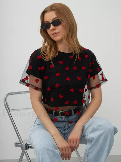 Heart Mesh Patchwork Cotton T-Shirt