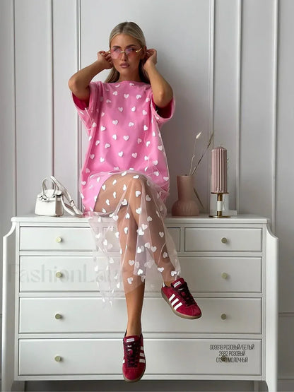 Heart Mesh Patchwork Cotton T-Shirt