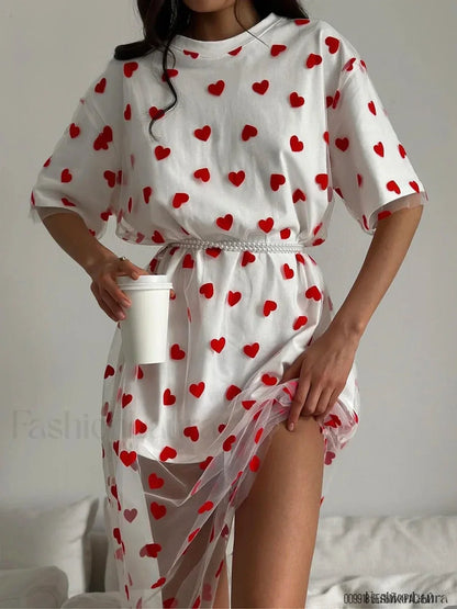 Heart Mesh Patchwork Cotton T-Shirt