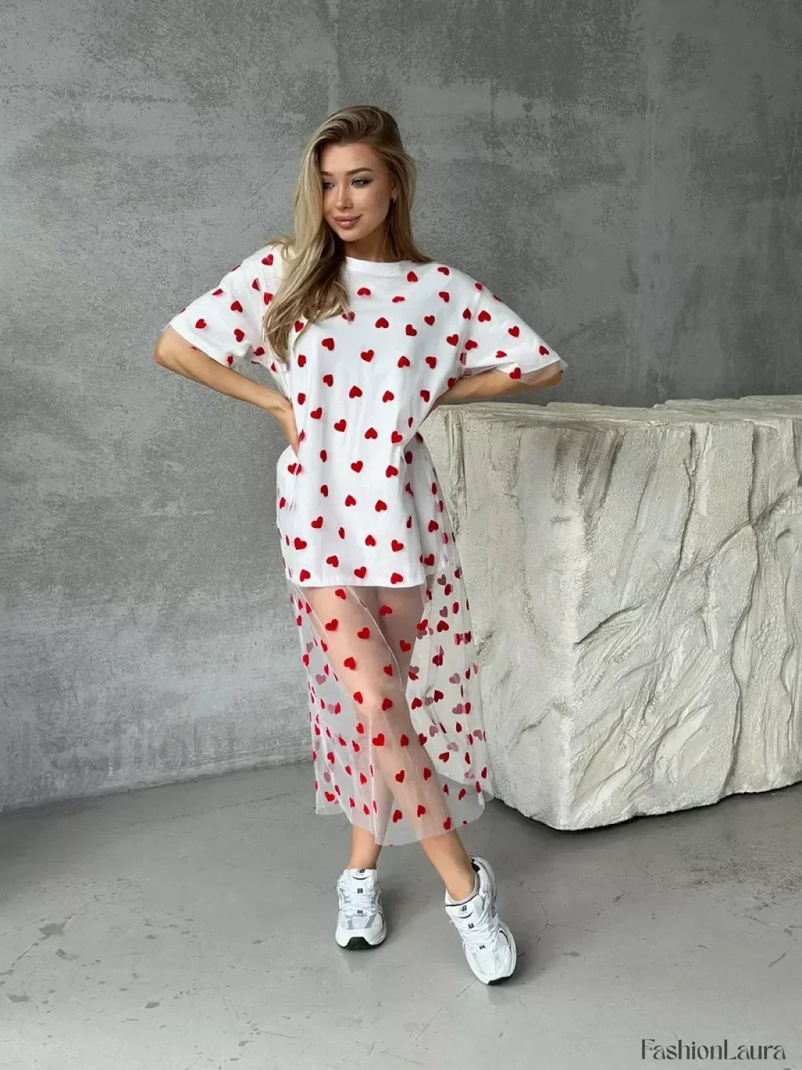Heart Mesh Patchwork Cotton T-Shirt
