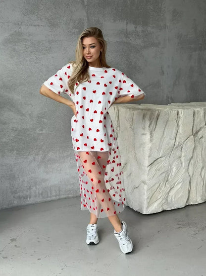 Heart Mesh Patchwork Cotton T-Shirt