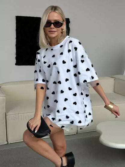 Heart Mesh Patchwork Cotton T-Shirt