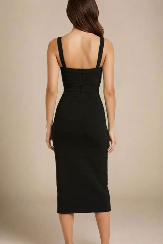 Classic Black Bandage Sweetheart Neck Criss Cross Bodycon Midi Dress