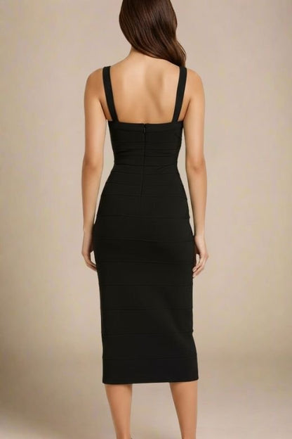 Classic Black Bandage Sweetheart Neck Criss Cross Bodycon Midi Dress