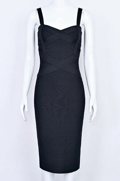 Classic Black Bandage Sweetheart Neck Criss Cross Bodycon Midi Dress
