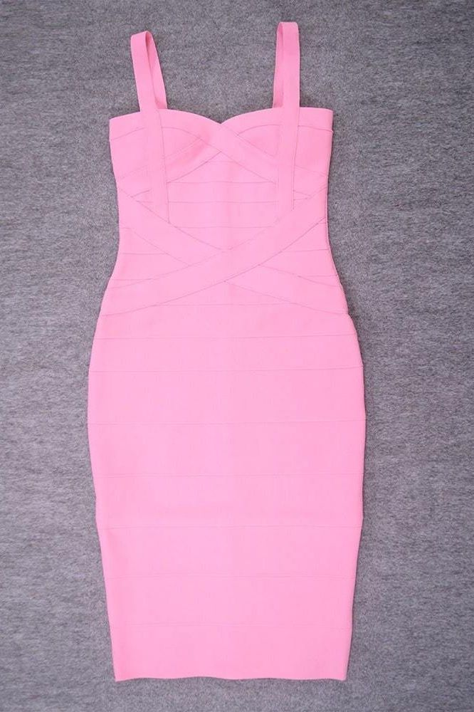 Dusty Pink Sweetheart Criss Cross Waist Bandage Bodycon Midi Dress