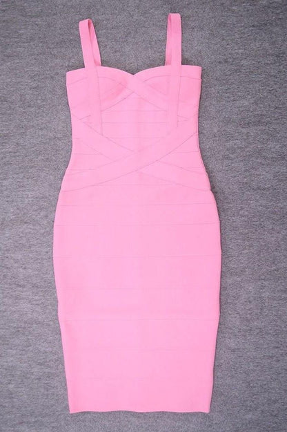 Dusty Pink Sweetheart Criss Cross Waist Bandage Bodycon Midi Dress