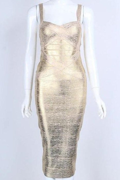 Gold Bandage Sweetheart Criss Cross Sleeveless Midi Dress