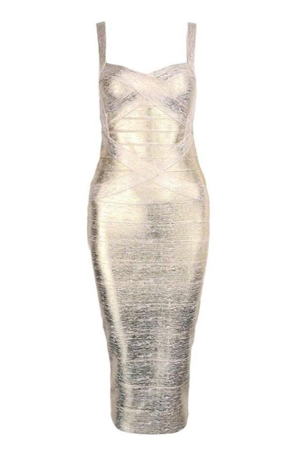 Gold Bandage Sweetheart Criss Cross Sleeveless Midi Dress