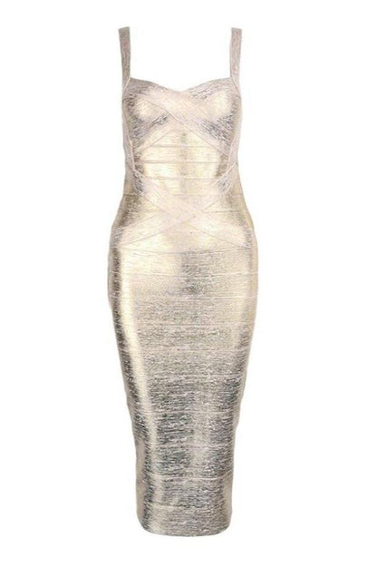 Gold Sweetheart Criss Cross Waist Bandage Bodycon Midi Dress