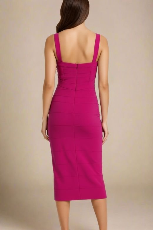 Magenta Pink Sweetheart Wide Strap Criss Cross Bandage Bodycon Midi Dress