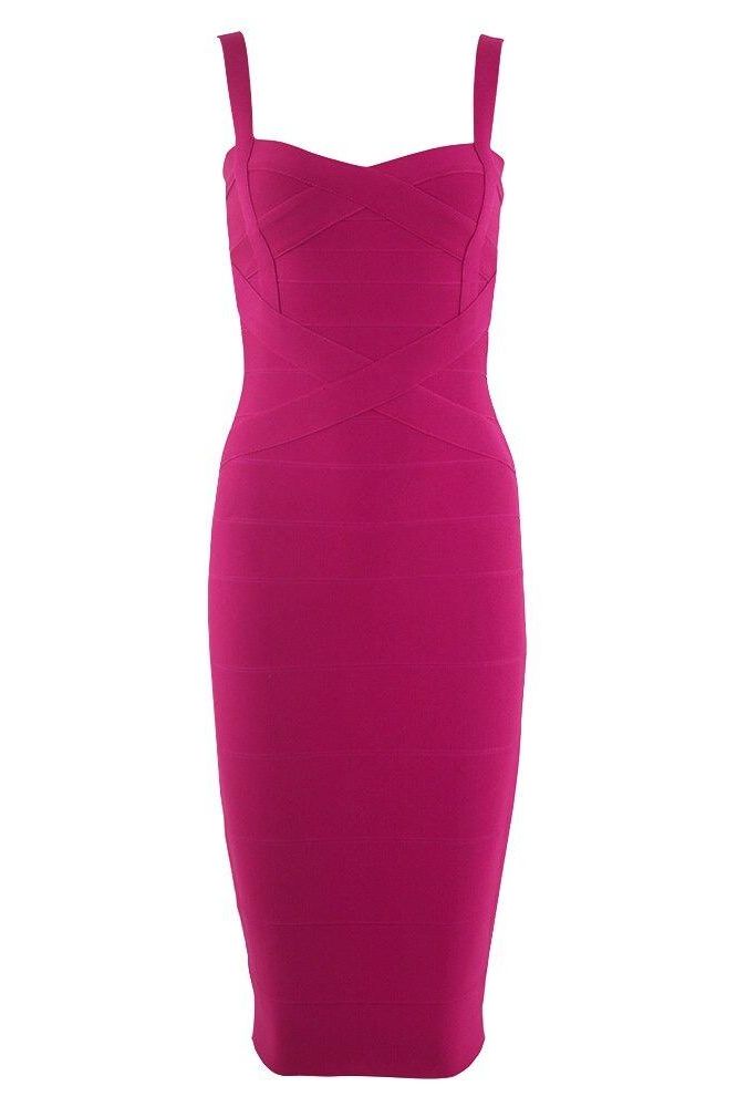 Magenta Pink Sweetheart Criss Cross Waist Bandage Bodycon Midi Dress