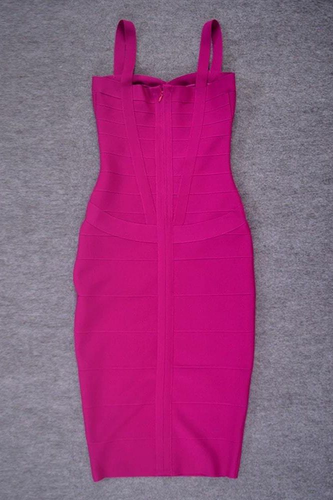 Magenta Pink Sweetheart Criss Cross Waist Bandage Bodycon Midi Dress