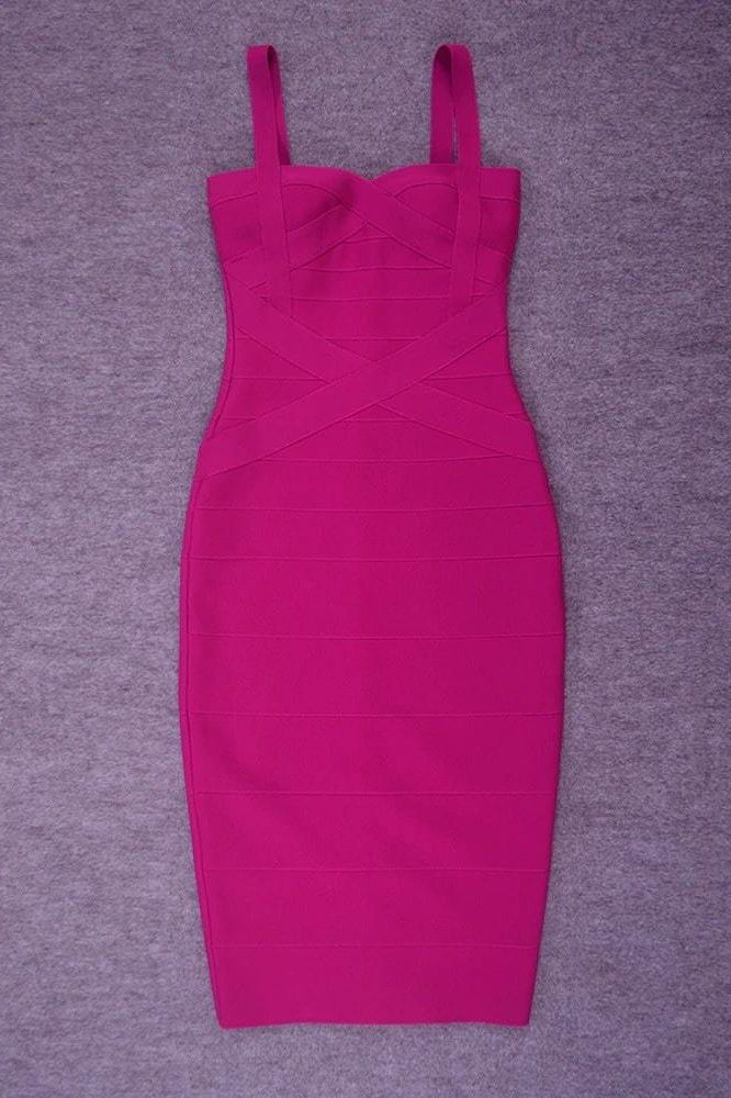 Magenta Pink Sweetheart Criss Cross Waist Bandage Bodycon Midi Dress