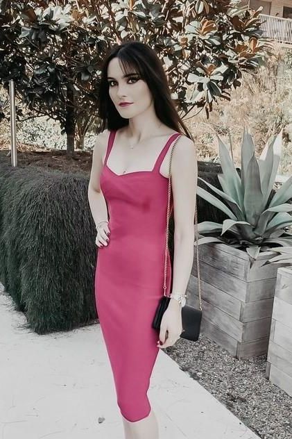 Magenta Pink Sweetheart Wide Strap Criss Cross Bandage Bodycon Midi Dress
