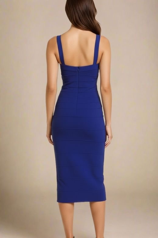 Navy Blue Sweetheart Criss Cross Waist Bandage Bodycon Midi Dress