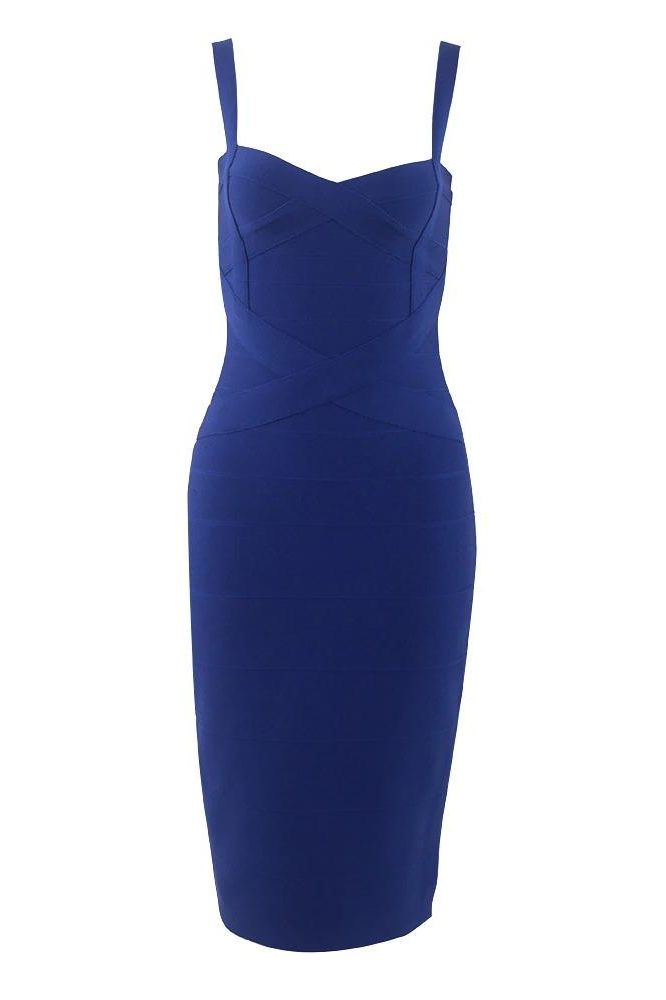 Navy Blue Sweetheart Criss Cross Waist Bandage Bodycon Midi Dress