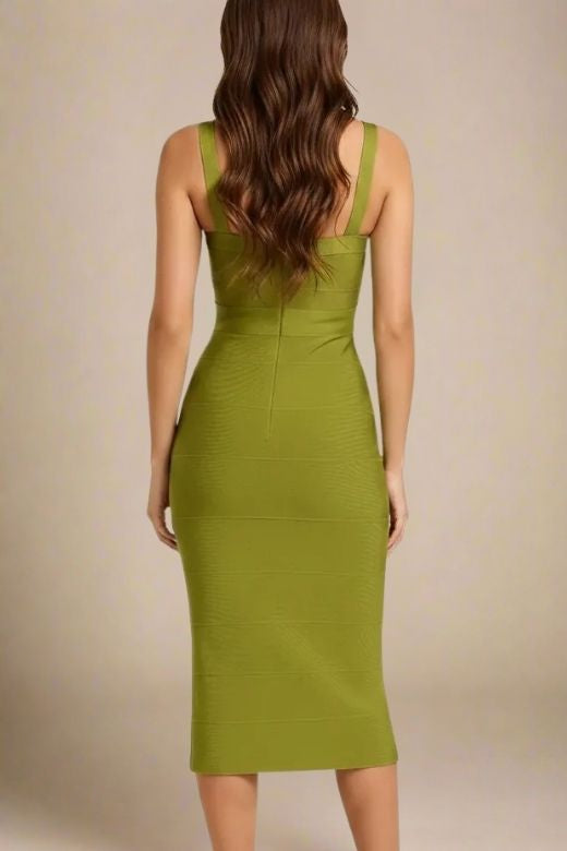 Olive Green Bandage Sweetheart Criss Cross Sleeveless Midi Dress