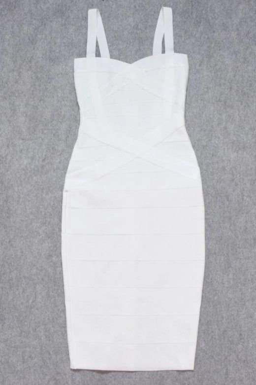 Pearl White Sweetheart Wide Strap Criss Cross Bandage Bodycon Midi Dress