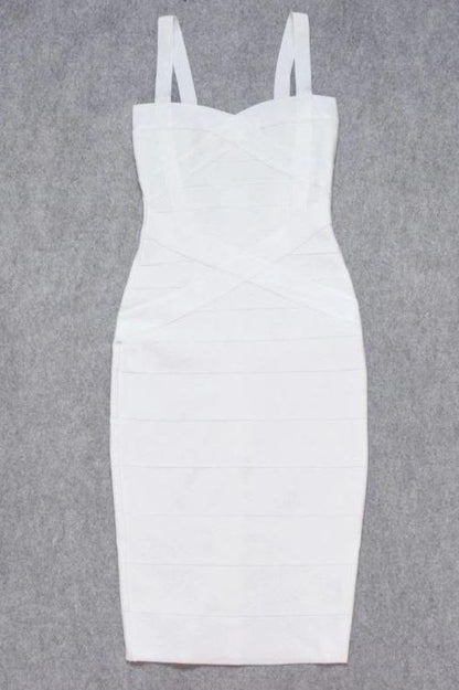 Pearl White Sweetheart Wide Strap Criss Cross Bandage Bodycon Midi Dress